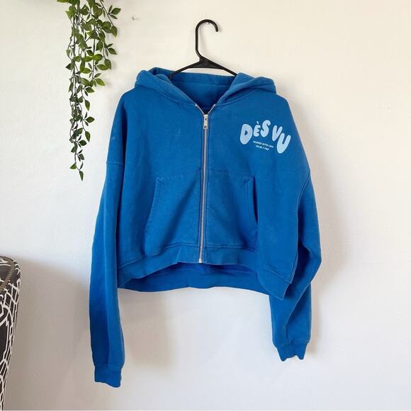 Des Vu Bubble Cuffed Cropped Zip Up Hoodie Sz L - Picture 1 of 5